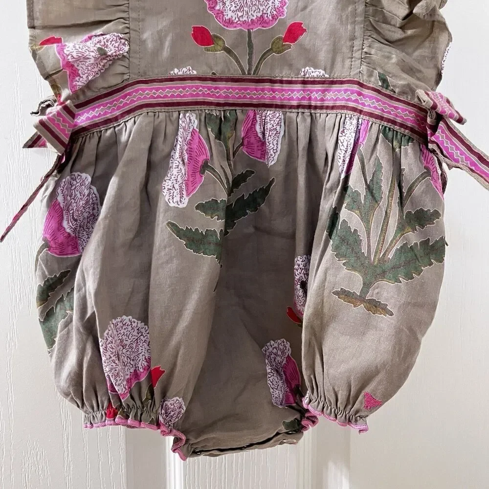 Pink Chicken Olive Green Floral Romper Side Bows Cotton Girls Size 6-12 Months